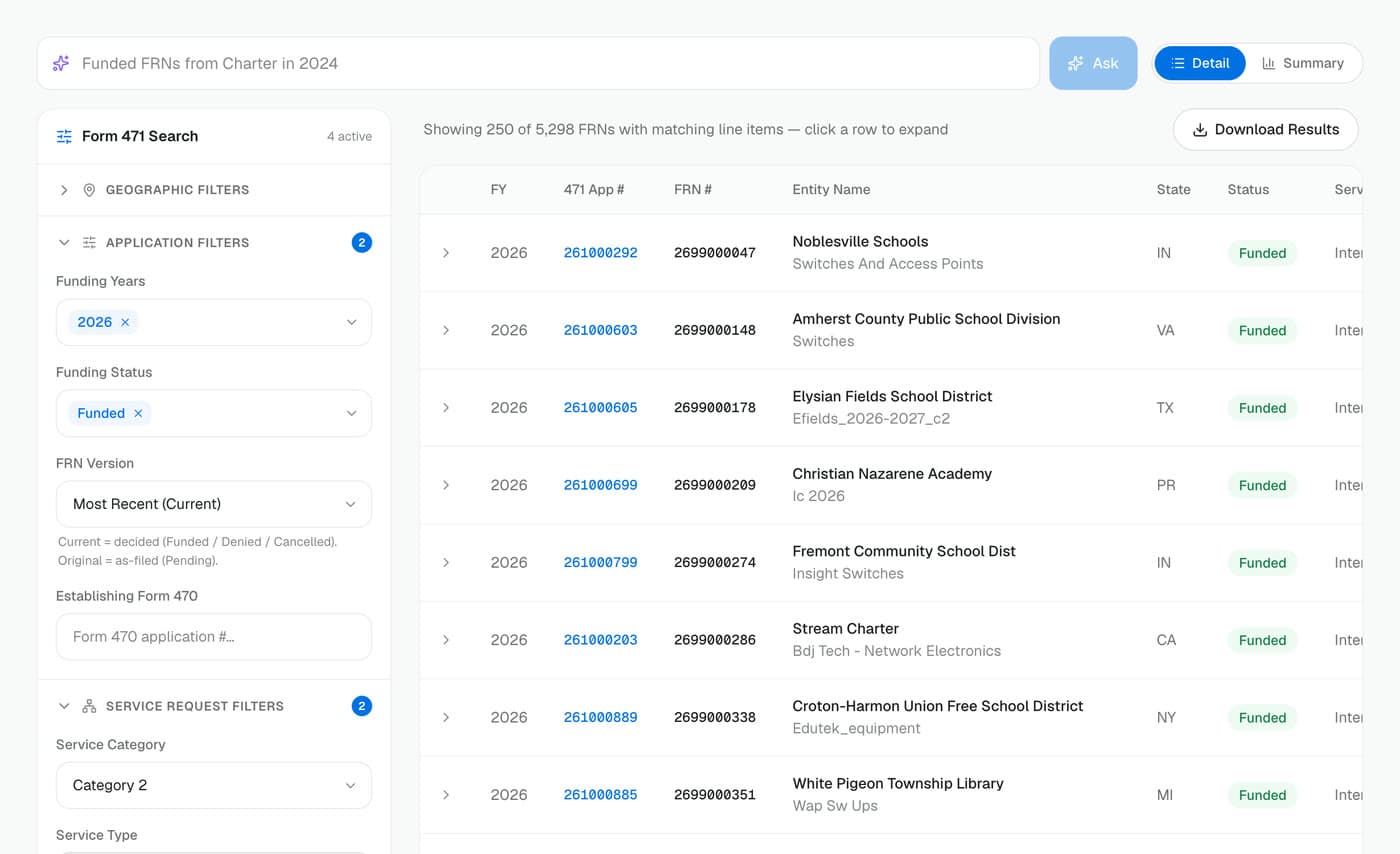 Form 471 Search with filters for funding year 2026, Funded status, Category 2 and switches, listing matching FRNs by school district and state.
